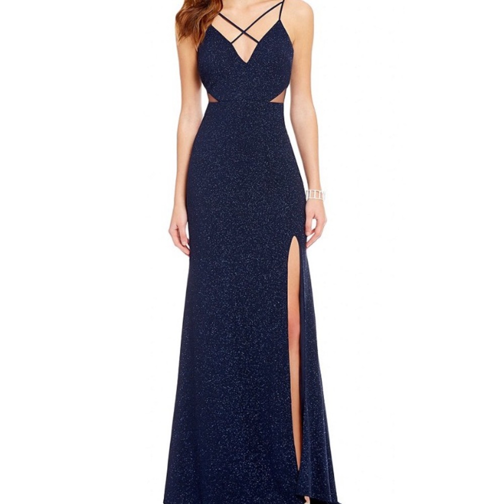 Dark Blue Sparkly CrossStrap Mesh Cutout Gown Prom